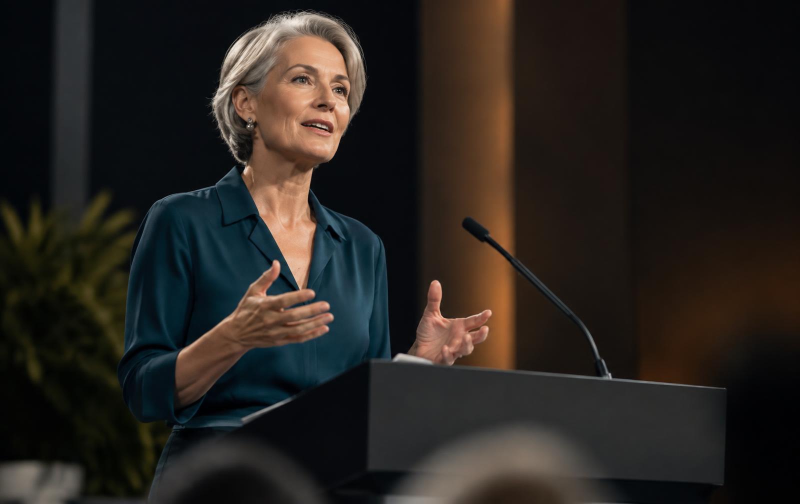 Woman around sixty speaking at a lectern on a modern stage